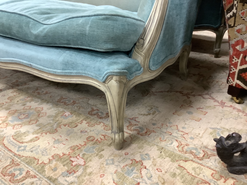 A pair of Louis XVI design two seater sofas, length 152cm, depth 95cm, height 92cm